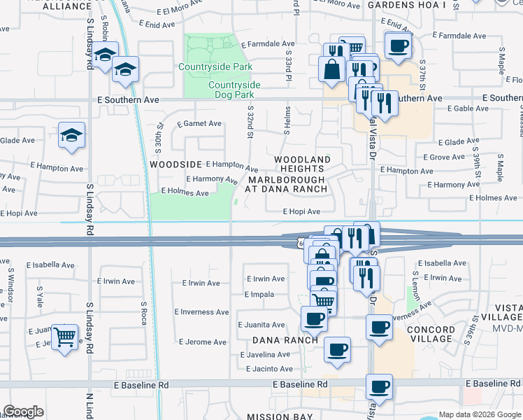 map of restaurants, bars, coffee shops, grocery stores, and more near 1450 South almar Circle in Mesa