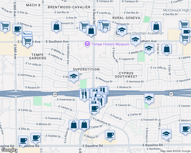 map of restaurants, bars, coffee shops, grocery stores, and more near 923 East Manhatton Drive in Tempe