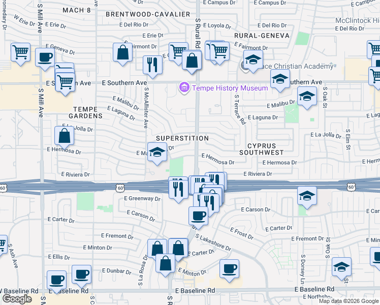 map of restaurants, bars, coffee shops, grocery stores, and more near 747 East Manhatton Drive in Tempe