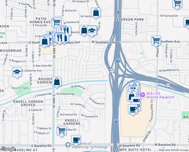 map of restaurants, bars, coffee shops, grocery stores, and more near Joshua Tree in Tempe