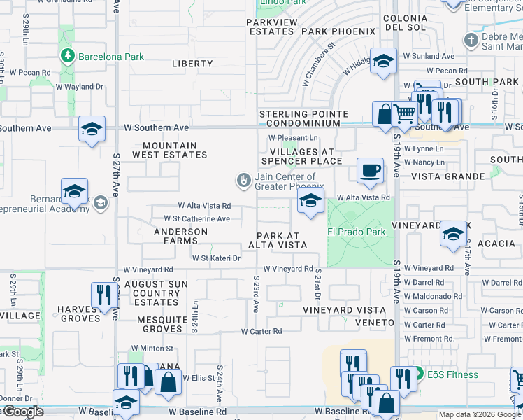 map of restaurants, bars, coffee shops, grocery stores, and more near 2225 West Alta Vista Road in Phoenix