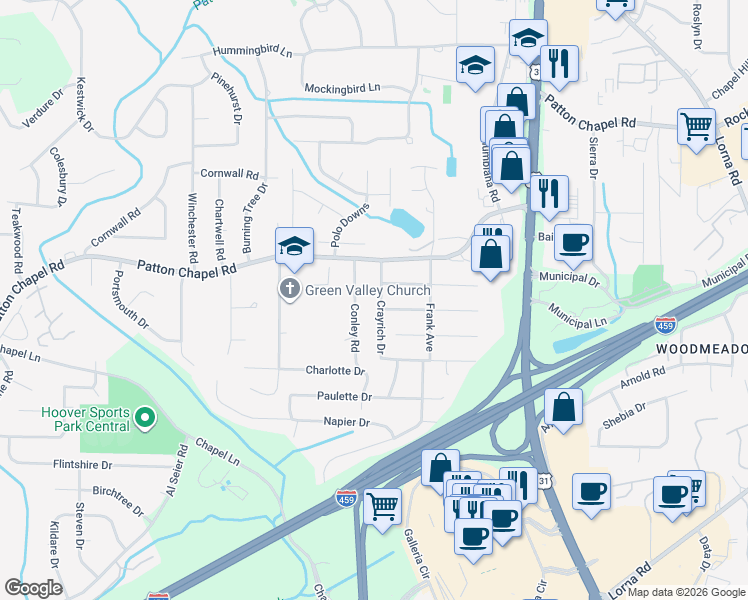 map of restaurants, bars, coffee shops, grocery stores, and more near 1849 Buttercup Drive in Birmingham