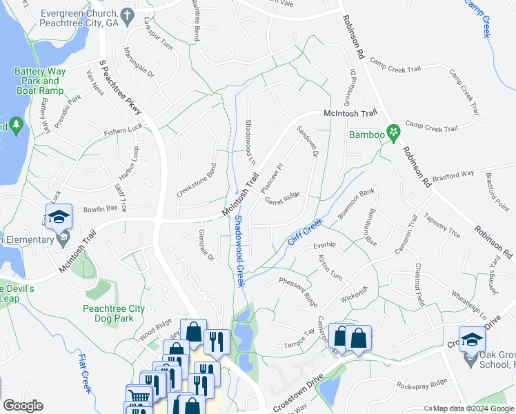 map of restaurants, bars, coffee shops, grocery stores, and more near 403 Planceer Place in Peachtree City