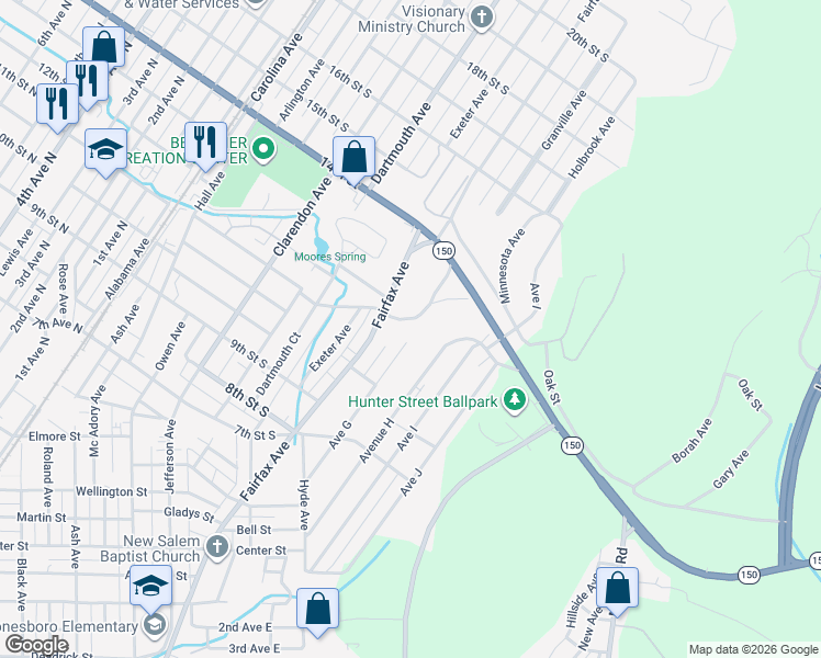 map of restaurants, bars, coffee shops, grocery stores, and more near 1111 Fairfax Avenue in Bessemer