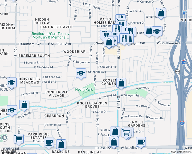 map of restaurants, bars, coffee shops, grocery stores, and more near 6443 South 46th Place in Phoenix