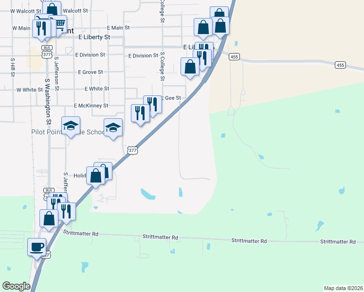 map of restaurants, bars, coffee shops, grocery stores, and more near 901 Debbie Lane in Pilot Point