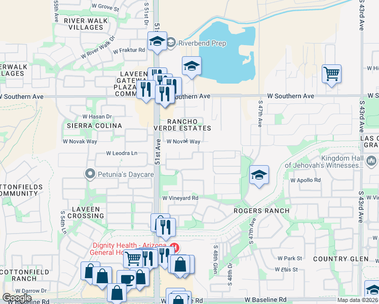 map of restaurants, bars, coffee shops, grocery stores, and more near 6408 South 49th Glen in Phoenix