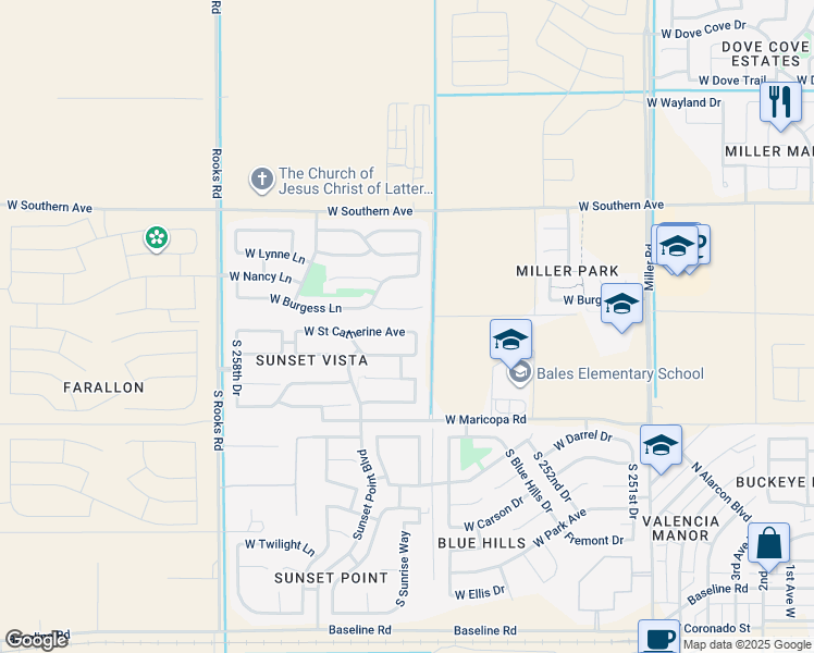 map of restaurants, bars, coffee shops, grocery stores, and more near 25552 West Saint Catherine Avenue in Buckeye