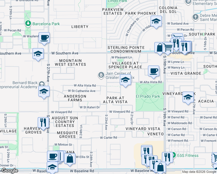 map of restaurants, bars, coffee shops, grocery stores, and more near 2225 West Alta Vista Road in Phoenix