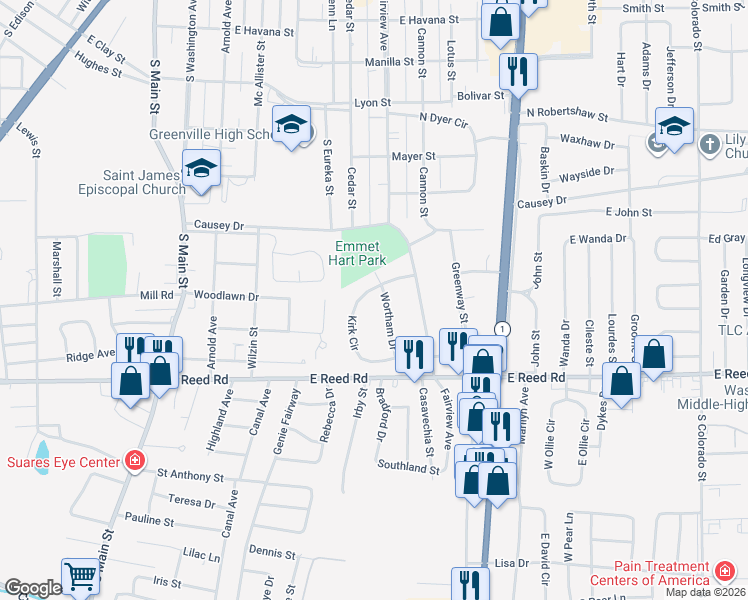 map of restaurants, bars, coffee shops, grocery stores, and more near 1200 Kirk Circle in Greenville