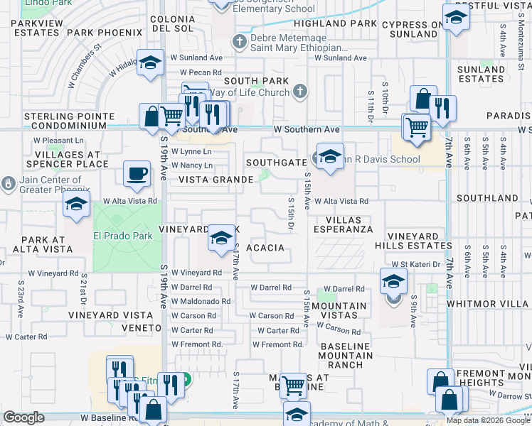 map of restaurants, bars, coffee shops, grocery stores, and more near 1605 West Saint Catherine Avenue in Phoenix