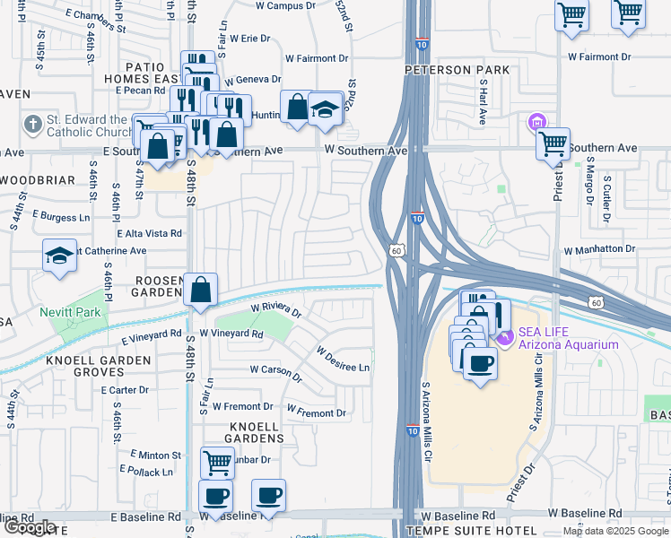 map of restaurants, bars, coffee shops, grocery stores, and more near Joshua Tree in Tempe