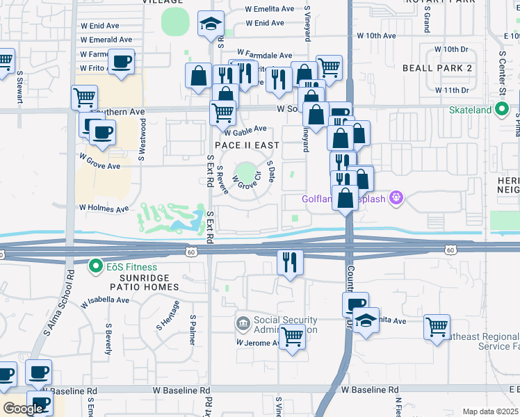 map of restaurants, bars, coffee shops, grocery stores, and more near 1515 South Extension Road in Mesa