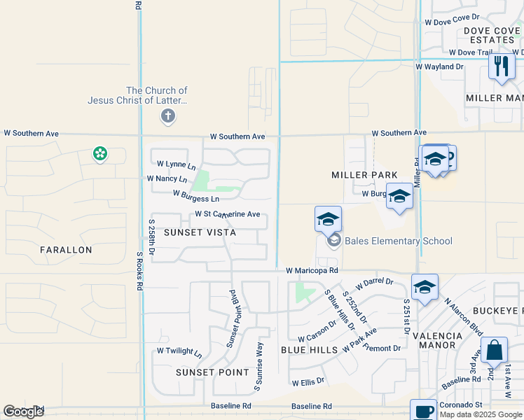 map of restaurants, bars, coffee shops, grocery stores, and more near 25552 West Street Catherine Avenue in Buckeye
