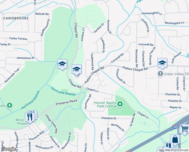 map of restaurants, bars, coffee shops, grocery stores, and more near 208 Patton Chapel Way in Hoover