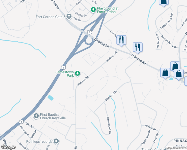 map of restaurants, bars, coffee shops, grocery stores, and more near 3642 Karleen Road in Hephzibah