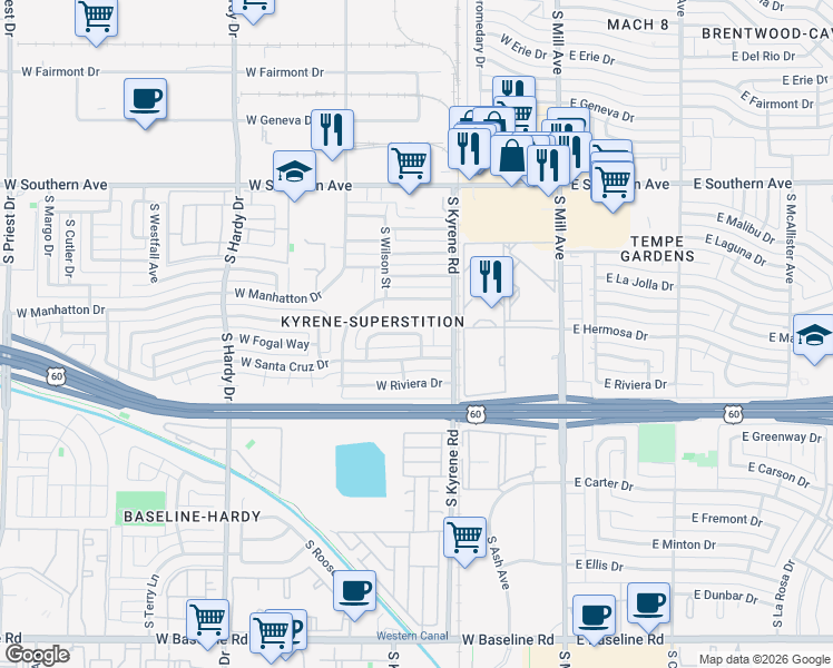 map of restaurants, bars, coffee shops, grocery stores, and more near South Farmer Avenue in Tempe