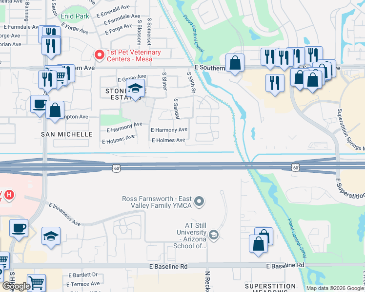 map of restaurants, bars, coffee shops, grocery stores, and more near 1505 South King Circle in Mesa