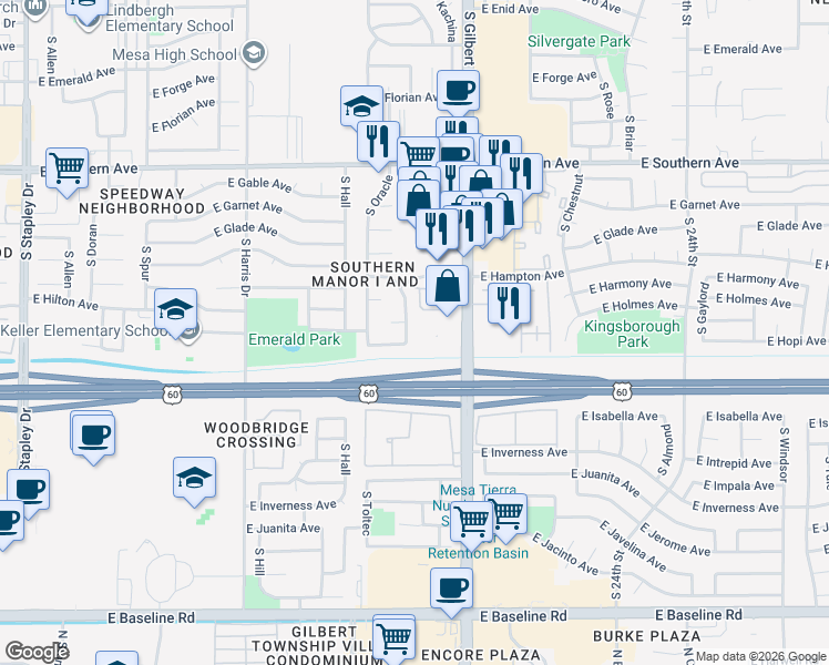 map of restaurants, bars, coffee shops, grocery stores, and more near 1453 South Cochise in Mesa
