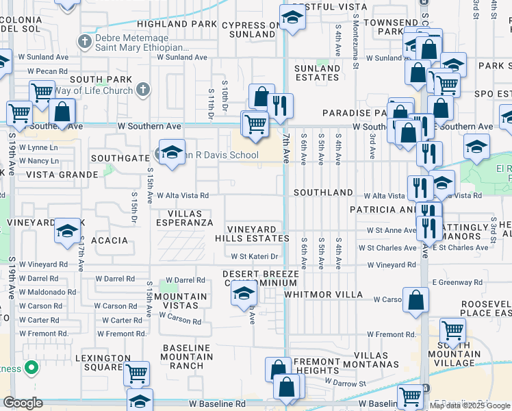 map of restaurants, bars, coffee shops, grocery stores, and more near 940 West Alta Vista Road in Phoenix