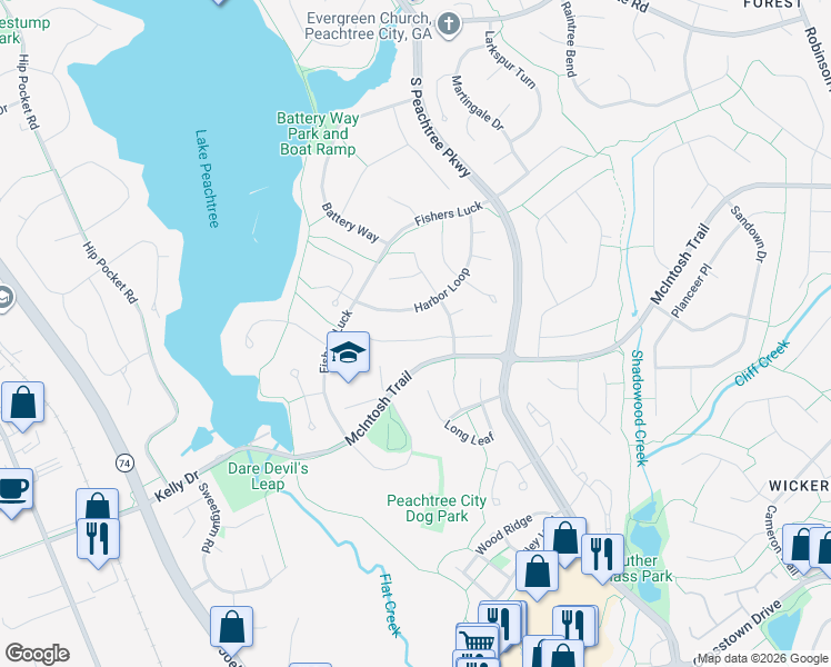 map of restaurants, bars, coffee shops, grocery stores, and more near 106 Bowfin Bay in Peachtree City
