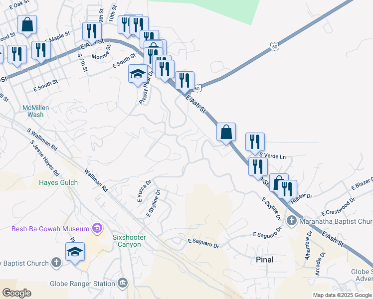 map of restaurants, bars, coffee shops, grocery stores, and more near 802 South Agave Drive in Globe