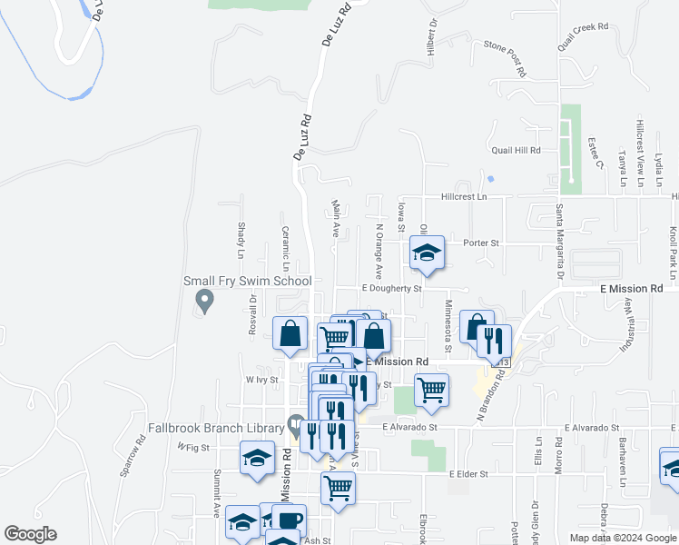 map of restaurants, bars, coffee shops, grocery stores, and more near 731 North Main Avenue in Fallbrook