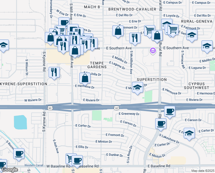 map of restaurants, bars, coffee shops, grocery stores, and more near 312 East Hermosa Drive in Tempe