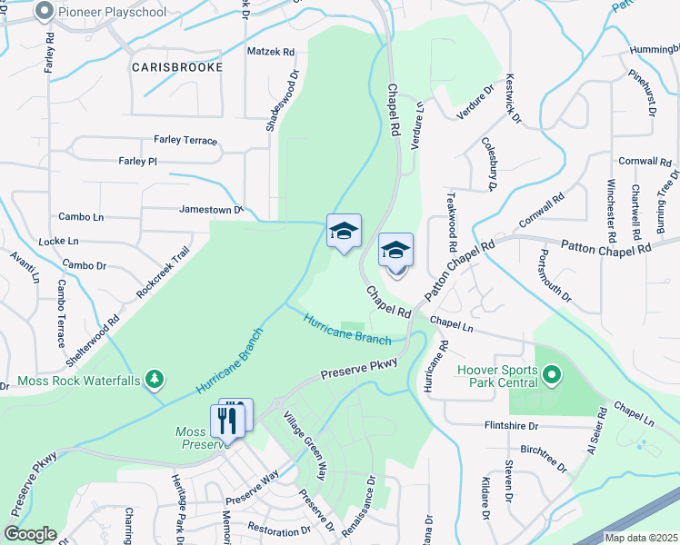 map of restaurants, bars, coffee shops, grocery stores, and more near 1575 Patton Chapel Road in Hoover