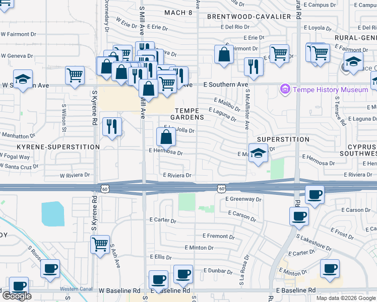 map of restaurants, bars, coffee shops, grocery stores, and more near 221 East Manhatton Drive in Tempe