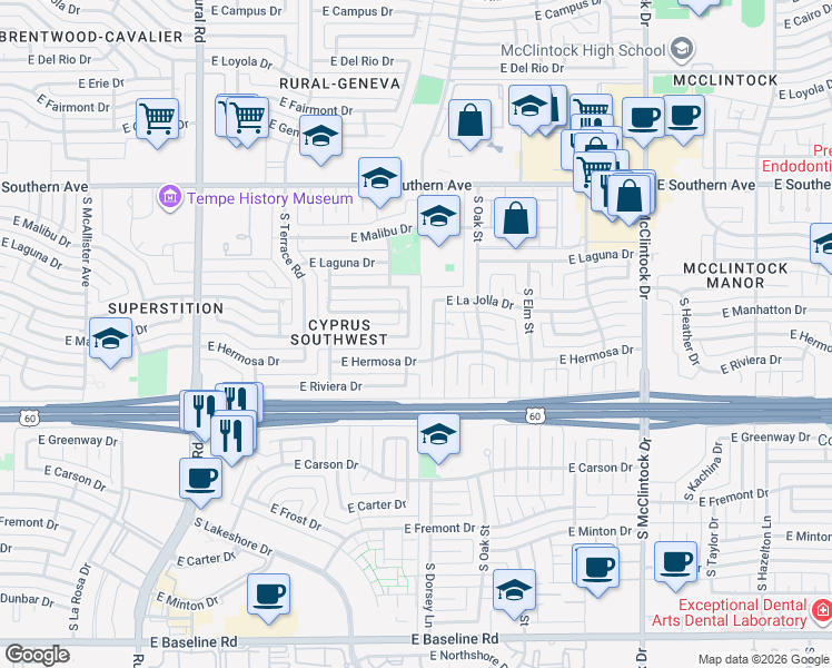 map of restaurants, bars, coffee shops, grocery stores, and more near 3711 South Kenneth Place in Tempe