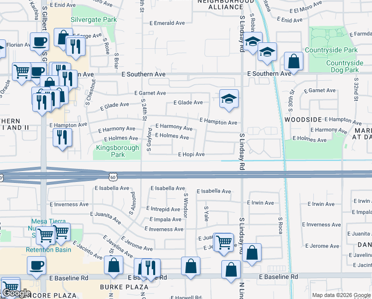 map of restaurants, bars, coffee shops, grocery stores, and more near 1506 South Glenview in Mesa