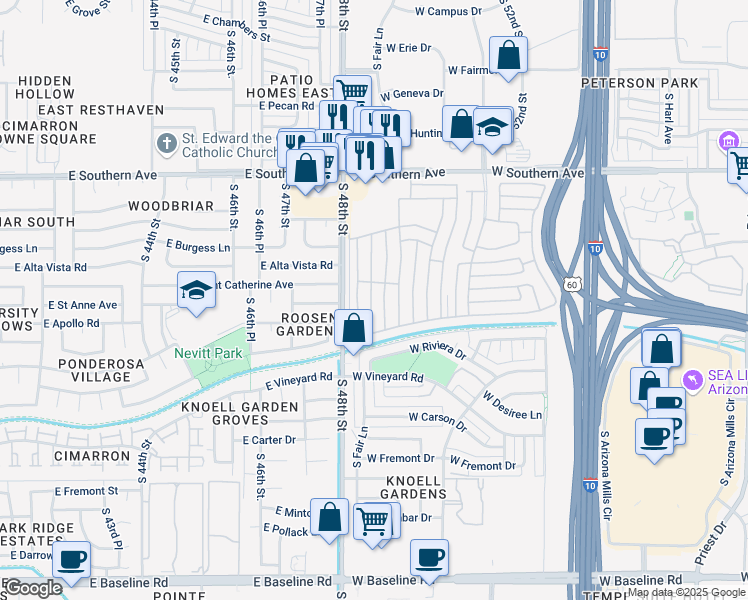 map of restaurants, bars, coffee shops, grocery stores, and more near 2609 West Southern Avenue in Tempe