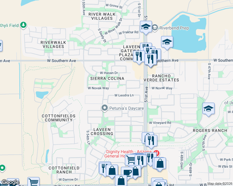 map of restaurants, bars, coffee shops, grocery stores, and more near 5313 West Novak Way in Phoenix