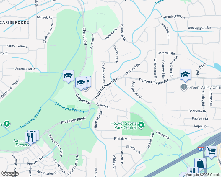 map of restaurants, bars, coffee shops, grocery stores, and more near 505 Patton Chapel Way in Hoover