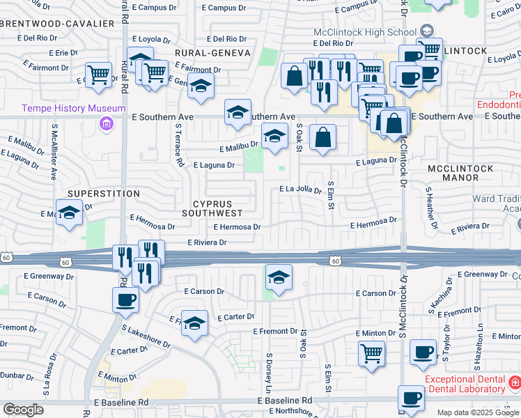 map of restaurants, bars, coffee shops, grocery stores, and more near 3711 South Kenneth Place in Tempe
