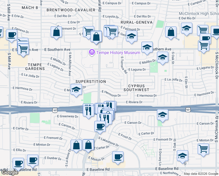 map of restaurants, bars, coffee shops, grocery stores, and more near 923 East Manhatton Drive in Tempe