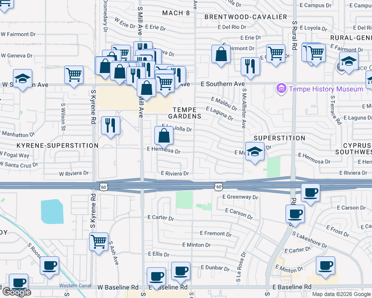 map of restaurants, bars, coffee shops, grocery stores, and more near 221 East Manhatton Drive in Tempe