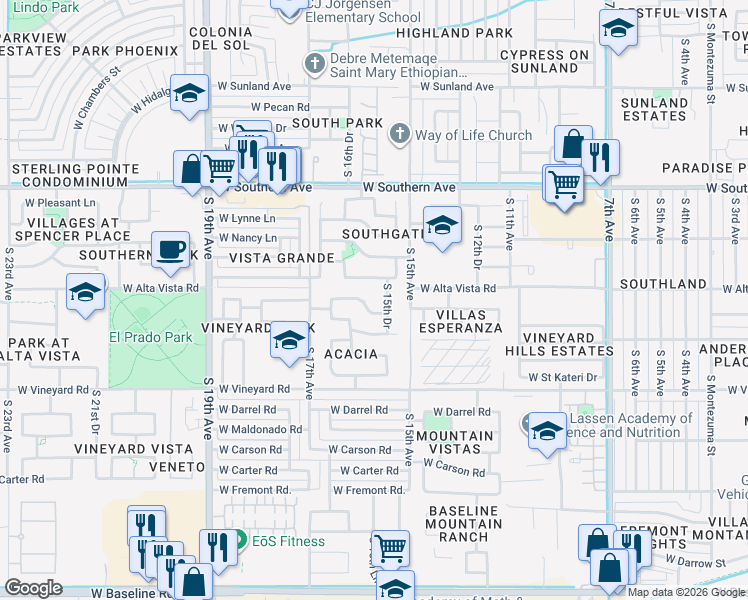 map of restaurants, bars, coffee shops, grocery stores, and more near 6506 South 15th Drive in Phoenix