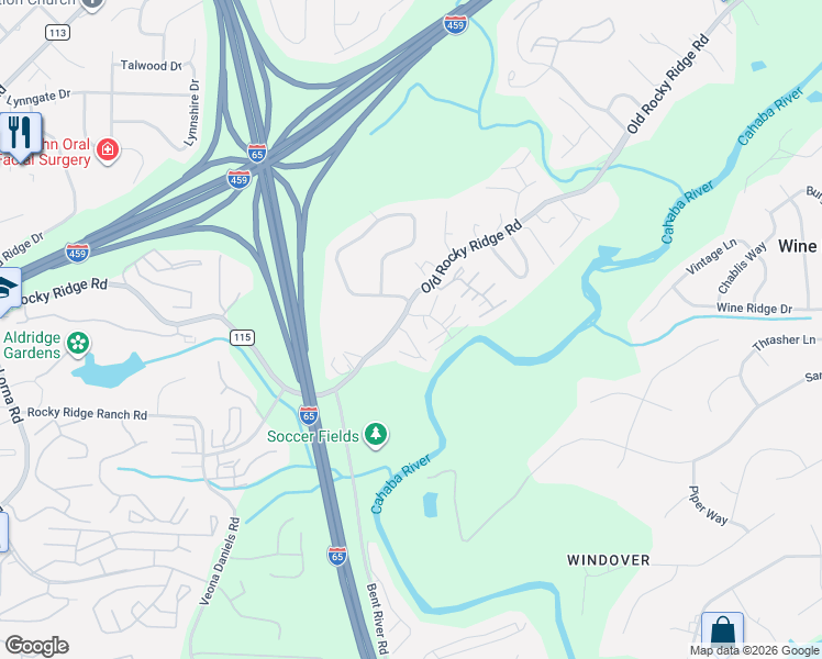 map of restaurants, bars, coffee shops, grocery stores, and more near 1200 Riverford Drive in Birmingham