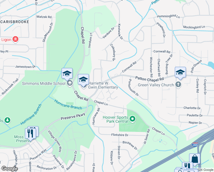 map of restaurants, bars, coffee shops, grocery stores, and more near 507 Patton Chapel Way in Hoover