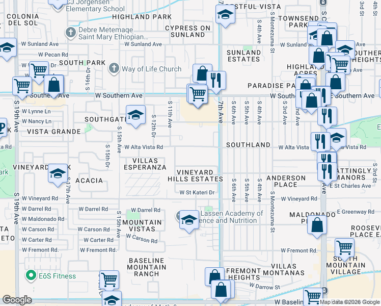 map of restaurants, bars, coffee shops, grocery stores, and more near 915 West Alta Vista Road in Phoenix