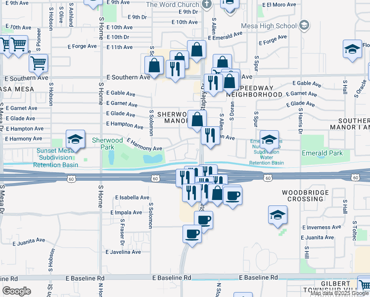 map of restaurants, bars, coffee shops, grocery stores, and more near 1464 South Stapley Drive in Mesa