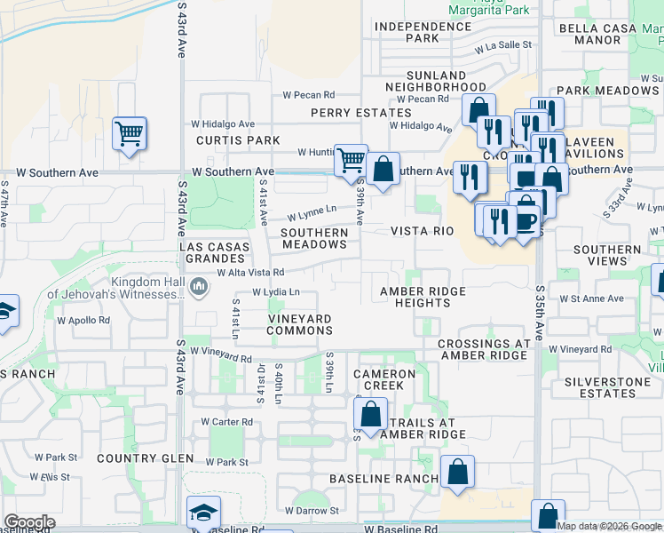 map of restaurants, bars, coffee shops, grocery stores, and more near 3915 West Alta Vista Road in Phoenix
