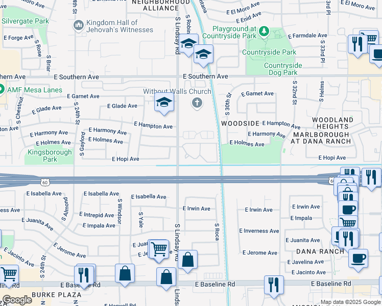 map of restaurants, bars, coffee shops, grocery stores, and more near 1441 South Lindsay Road in Mesa