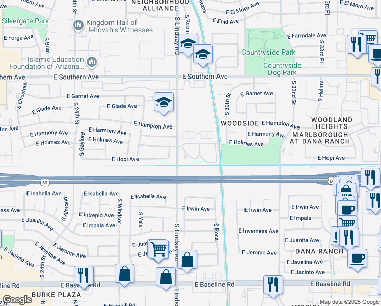 map of restaurants, bars, coffee shops, grocery stores, and more near 1441 South Lindsay Road in Mesa