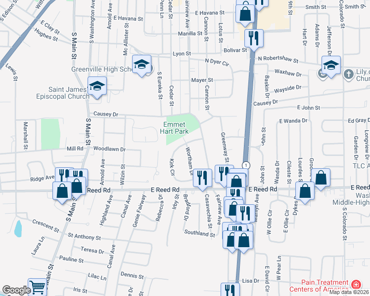 map of restaurants, bars, coffee shops, grocery stores, and more near 1200 Kirk Circle in Greenville