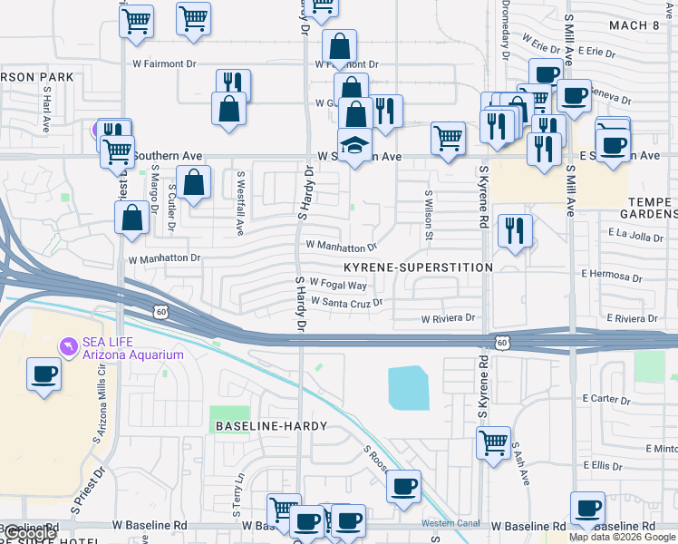 map of restaurants, bars, coffee shops, grocery stores, and more near 931 West Hermosa Drive in Tempe