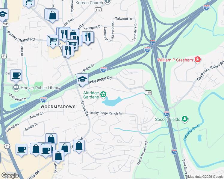map of restaurants, bars, coffee shops, grocery stores, and more near 2104 Emerald Pointe Drive in Vestavia Hills