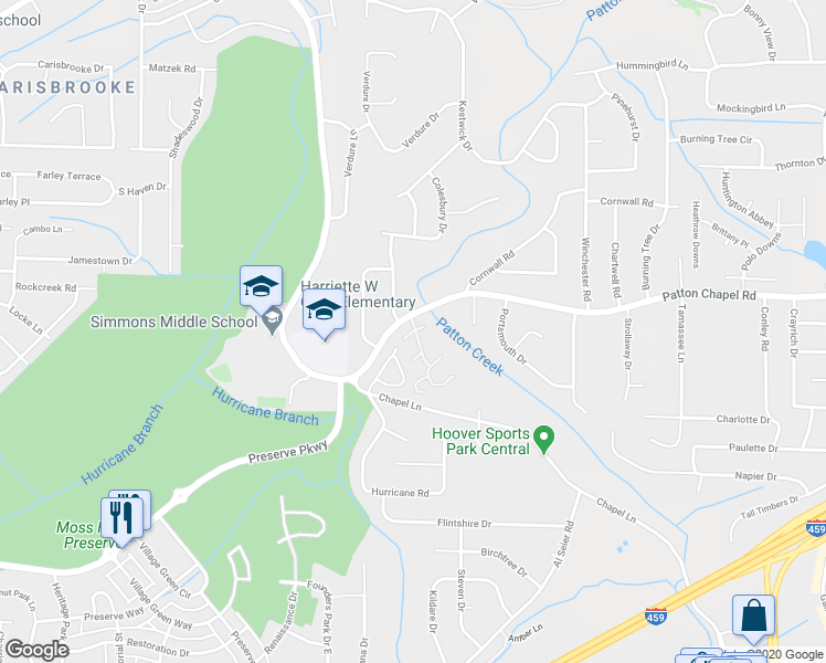 map of restaurants, bars, coffee shops, grocery stores, and more near 477 Patton Chapel Way in Hoover